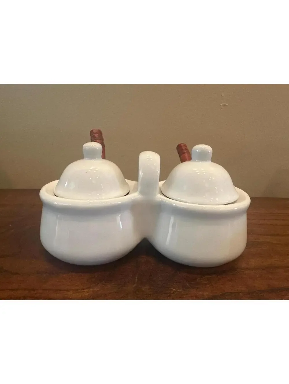 Ceramic Double Condiment Server With Wood Handled Spoons